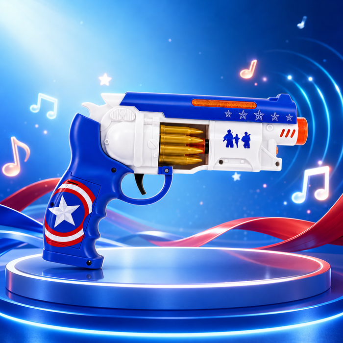 A toy revolver-style blaster in a patriotic red, white, and blue design, displayed on a glowing circular pedestal against a blue starry background with musical note graphics.