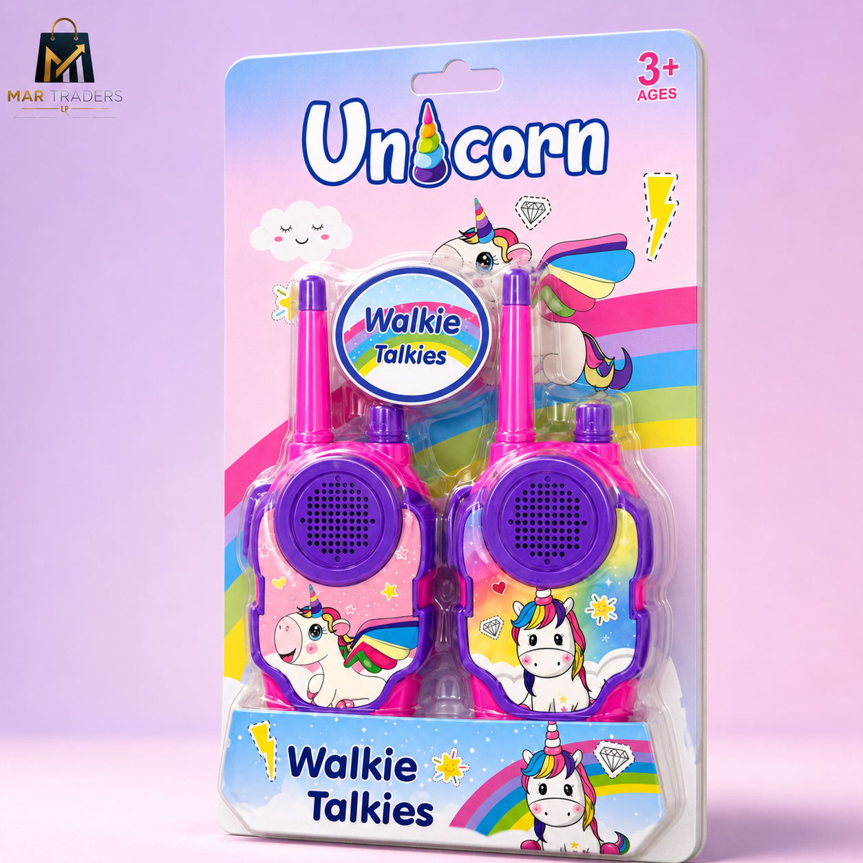 Pack of two children's walkie-talkies in unicorn-themed packaging. The walkie-talkies are pink and purple with cartoon unicorns and rainbow accents.