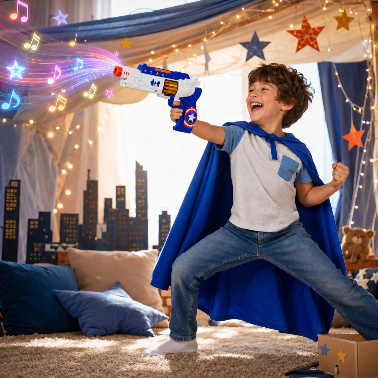A young boy wearing a blue superhero cape and jeans playfully holds a toy blaster with colorful laser effects in a decorated children's room with star curtains and city skyline backdrop.