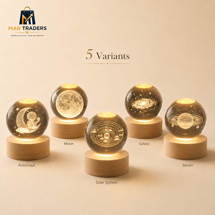 Five 3D crystal ball night light designs with warm LED wooden bases