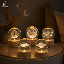 Five celestial crystal ball night lights glowing on a bedside table