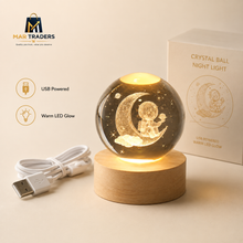Astronaut crystal ball night light with USB cable and wooden LED base