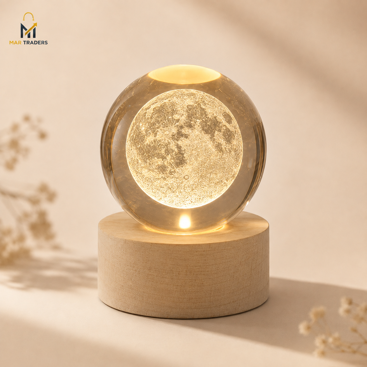 Moon 3D crystal ball night light with warm LED wooden base
