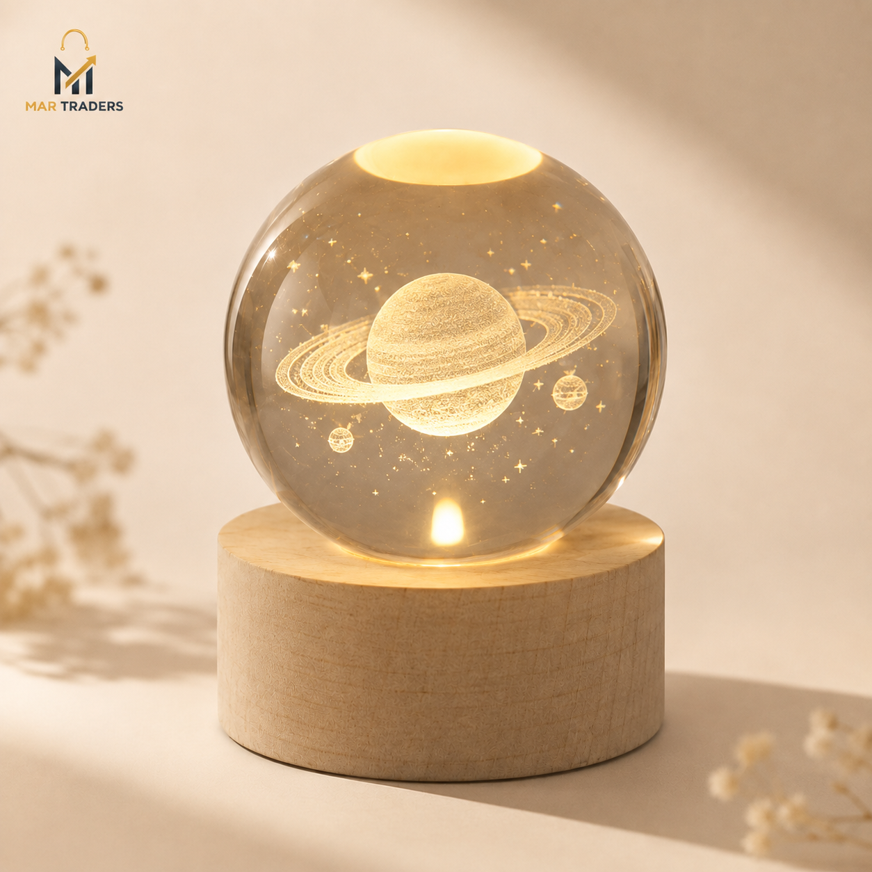 Saturn 3D crystal ball night light with warm LED wooden base
