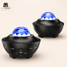 Front and rear views of black LED starry projector with built-in speaker
