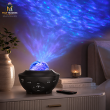 LED starry projector casting blue galaxy lights across a bedroom wall and ceiling