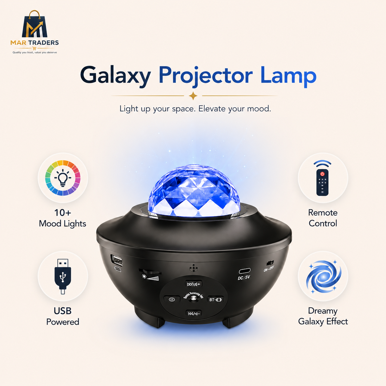LED starry projector with remote control, USB power and colourful mood lightin