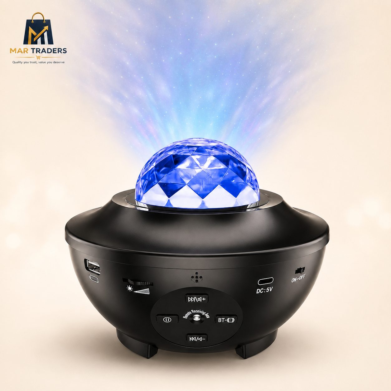 Black LED starry projector displaying a soft blue starry light effect