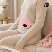 Side view of a seated person wearing a MAR Traders pink heating pad across the front of their abdomen.