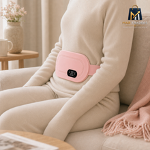 Side view of a seated person wearing a MAR Traders pink heating pad across the front of their abdomen.