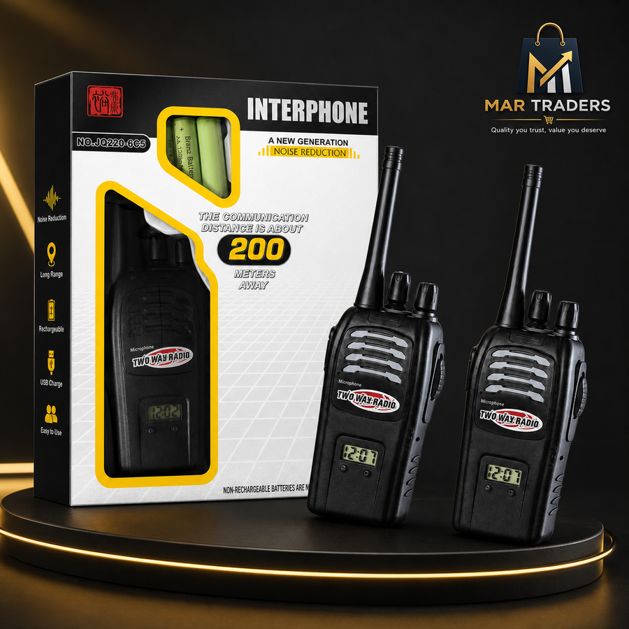 Two black handheld walkie-talkies with antennas displayed beside their retail box on a lit circular platform. The packaging is black and white with yellow accents and reads INTERPHONE.