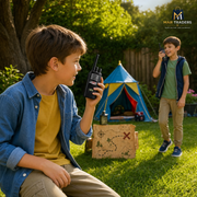 Two boys playing with black walkie-talkies outdoors on a grassy lawn, with a small blue and yellow tent and a cardboard treasure map box in the background. A MAR TRADERS logo watermark is visible in the top right corner.