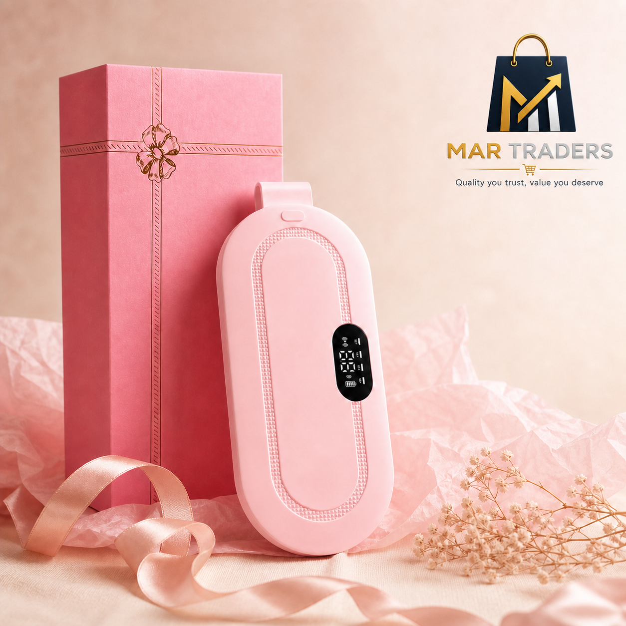 MAR Traders pink heating pad and matching gift box styled with satin ribbon and dried flowers.
