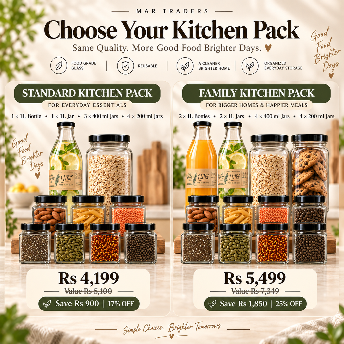 Glass Kitchen Storage Bundle – Jars & Bottles Combo Pack (Standard & Family)