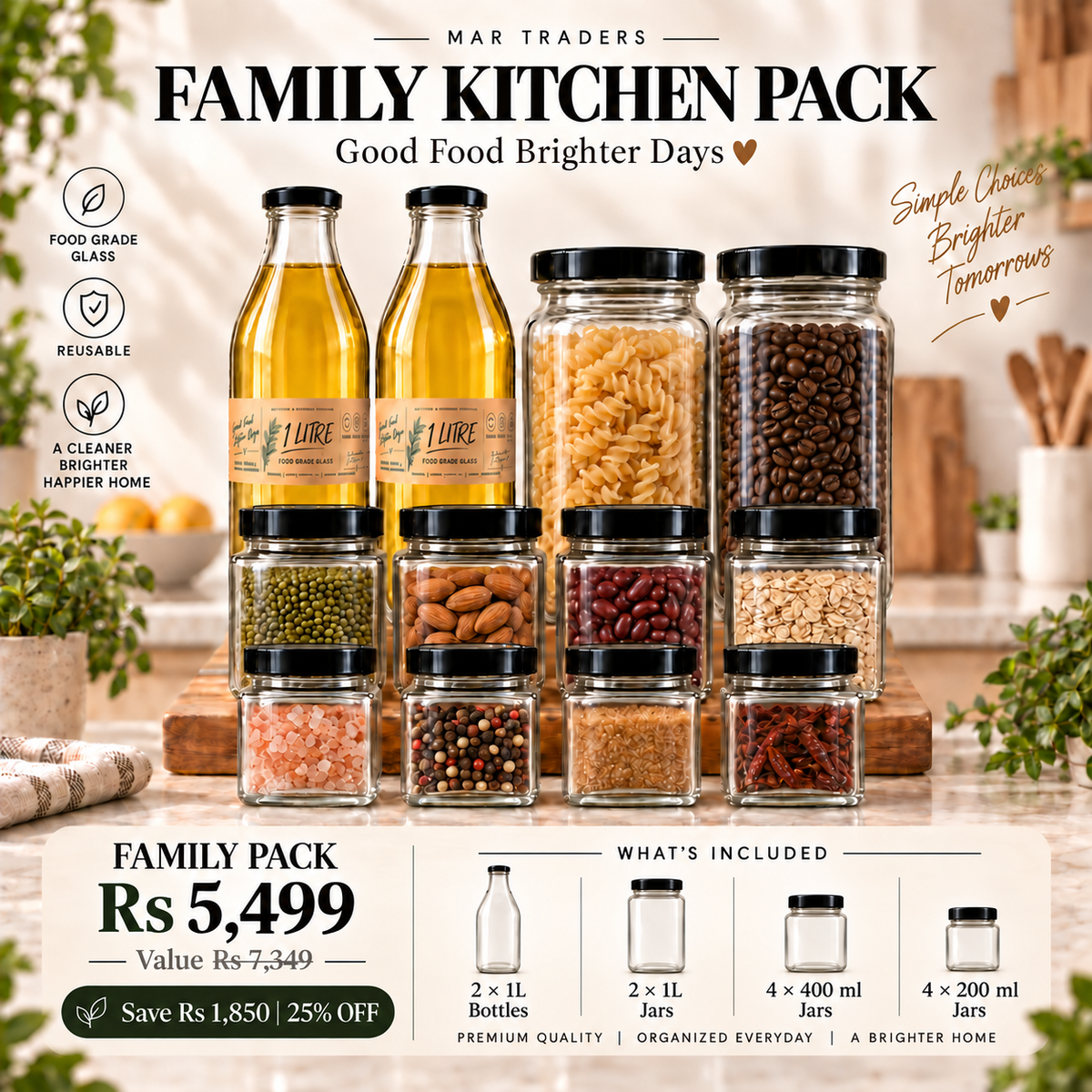 Glass Kitchen Storage Bundle – Jars & Bottles Combo Pack (Standard & Family)