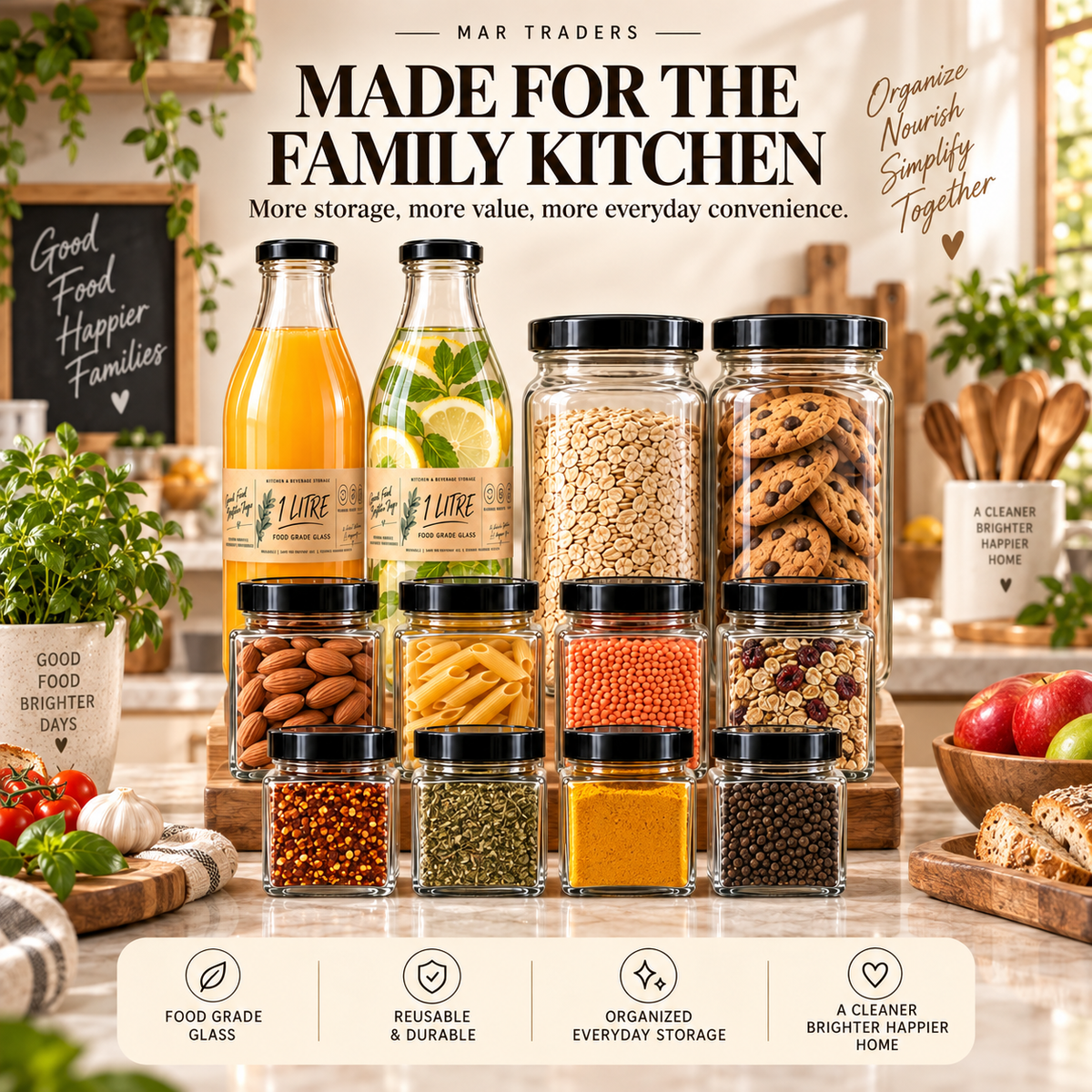 Glass Kitchen Storage Bundle – Jars & Bottles Combo Pack (Standard & Family)