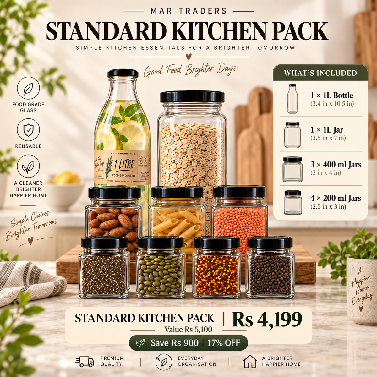 Glass Kitchen Storage Bundle – Jars & Bottles Combo Pack (Standard & Family)