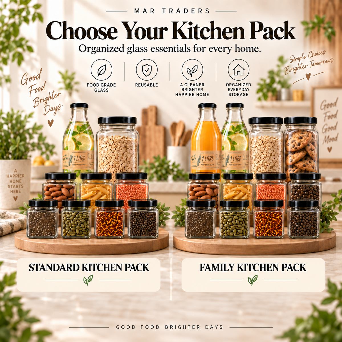 Glass Kitchen Storage Bundle – Jars & Bottles Combo Pack (Standard & Family)