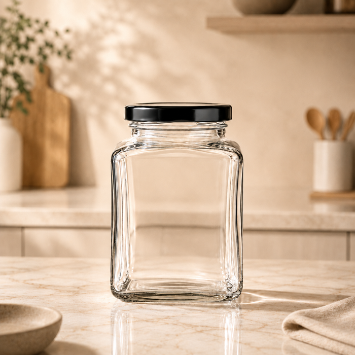 A clear glass storage jar with a black lid, standing on a light marble countertop in a warm, softly lit kitchen setting.