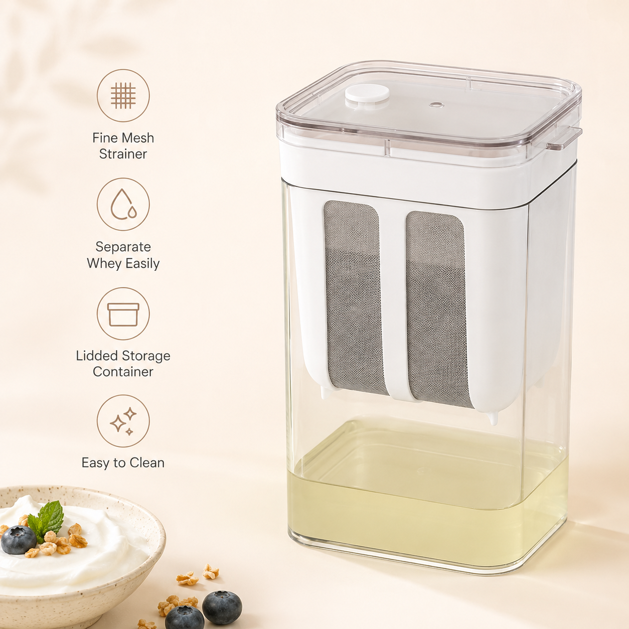 Greek yogurt strainer with fine mesh, whey separator and lidded storage container