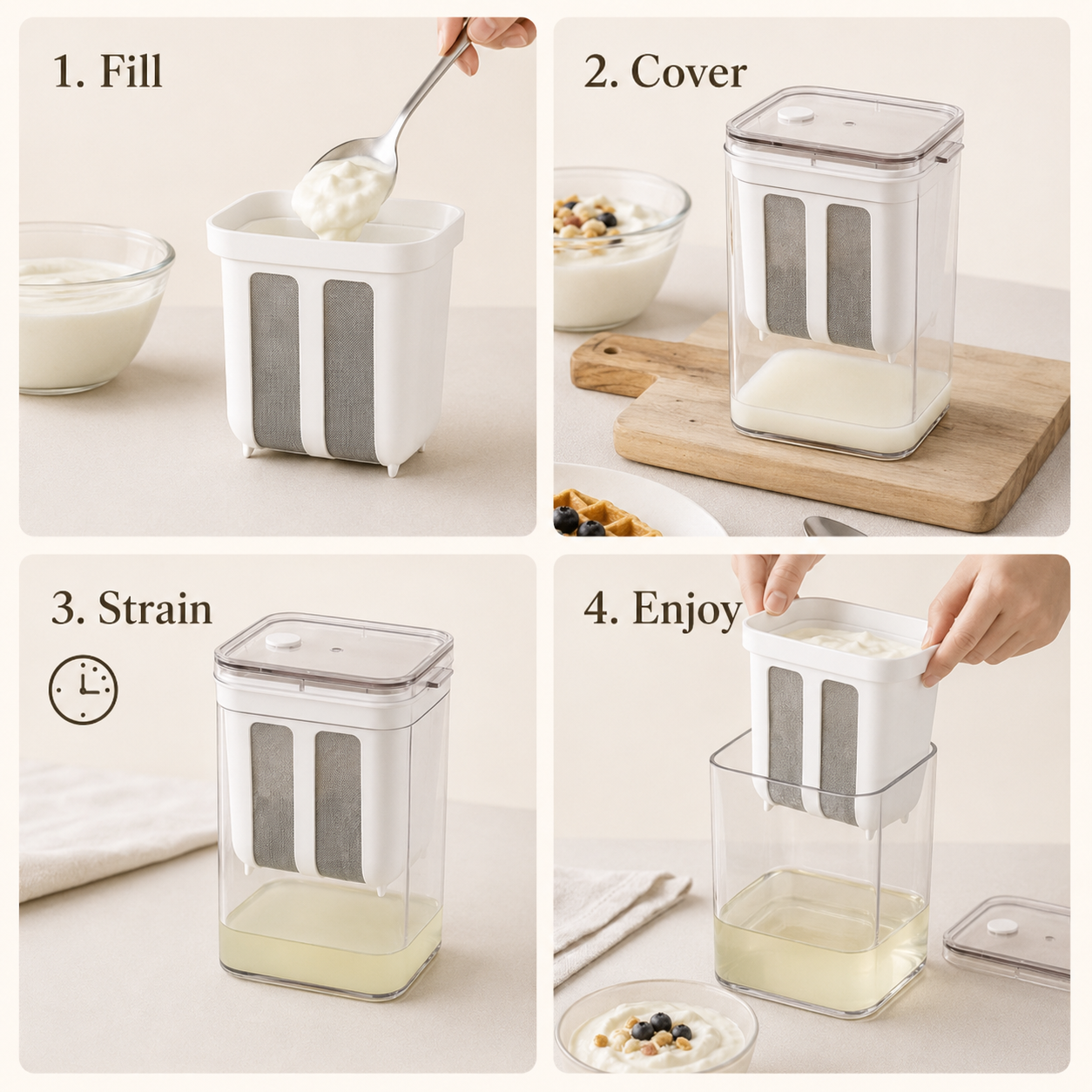 Four steps showing how to fill cover strain and remove yogurt from a Greek yogurt strainer