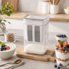 Greek yogurt strainer separating whey beside bowls of yogurt fruit and granola