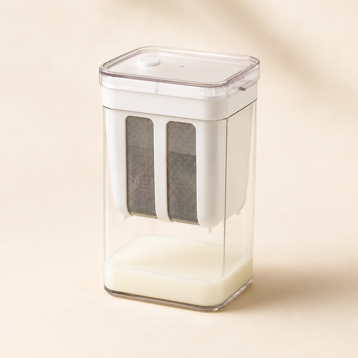 Greek yogurt strainer with fine mesh basket, lid and clear whey collection container