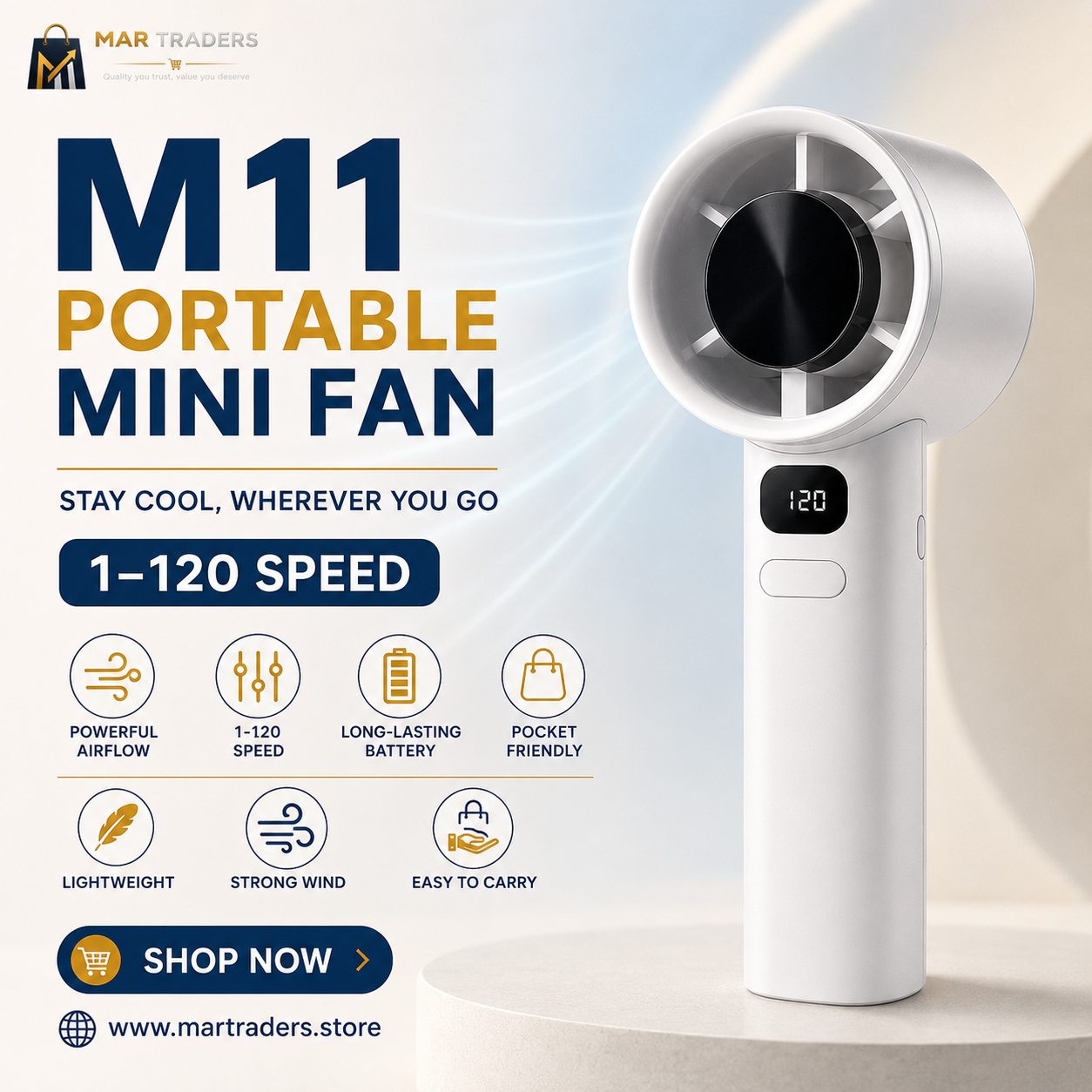 A white portable mini fan with a black circular front and small digital display reading 120, shown on a light studio-style background with promotional text and icons for Mar Traders.