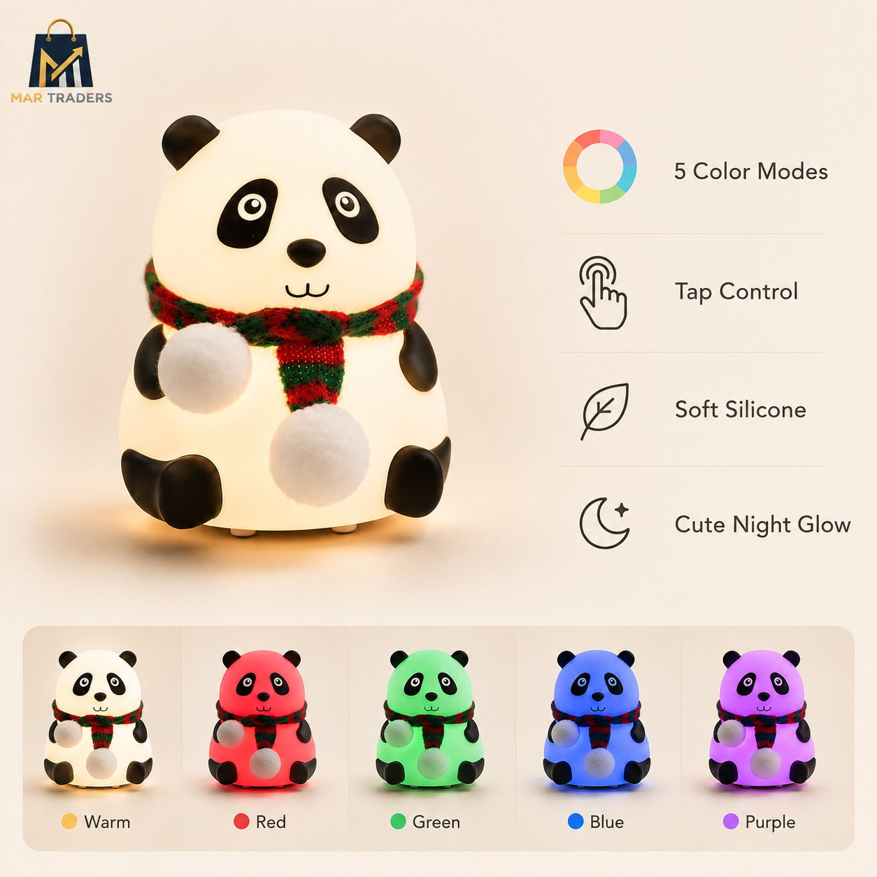 Panda silicone night light with tap control and five color modes
