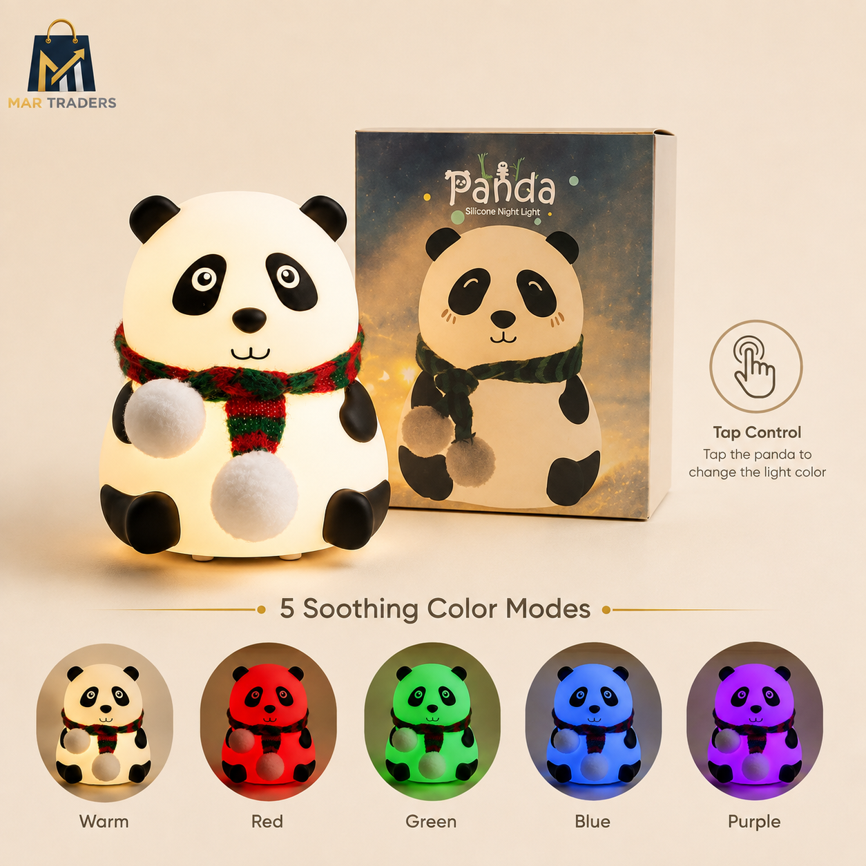 Panda silicone night lamp with tap control and five soothing colors