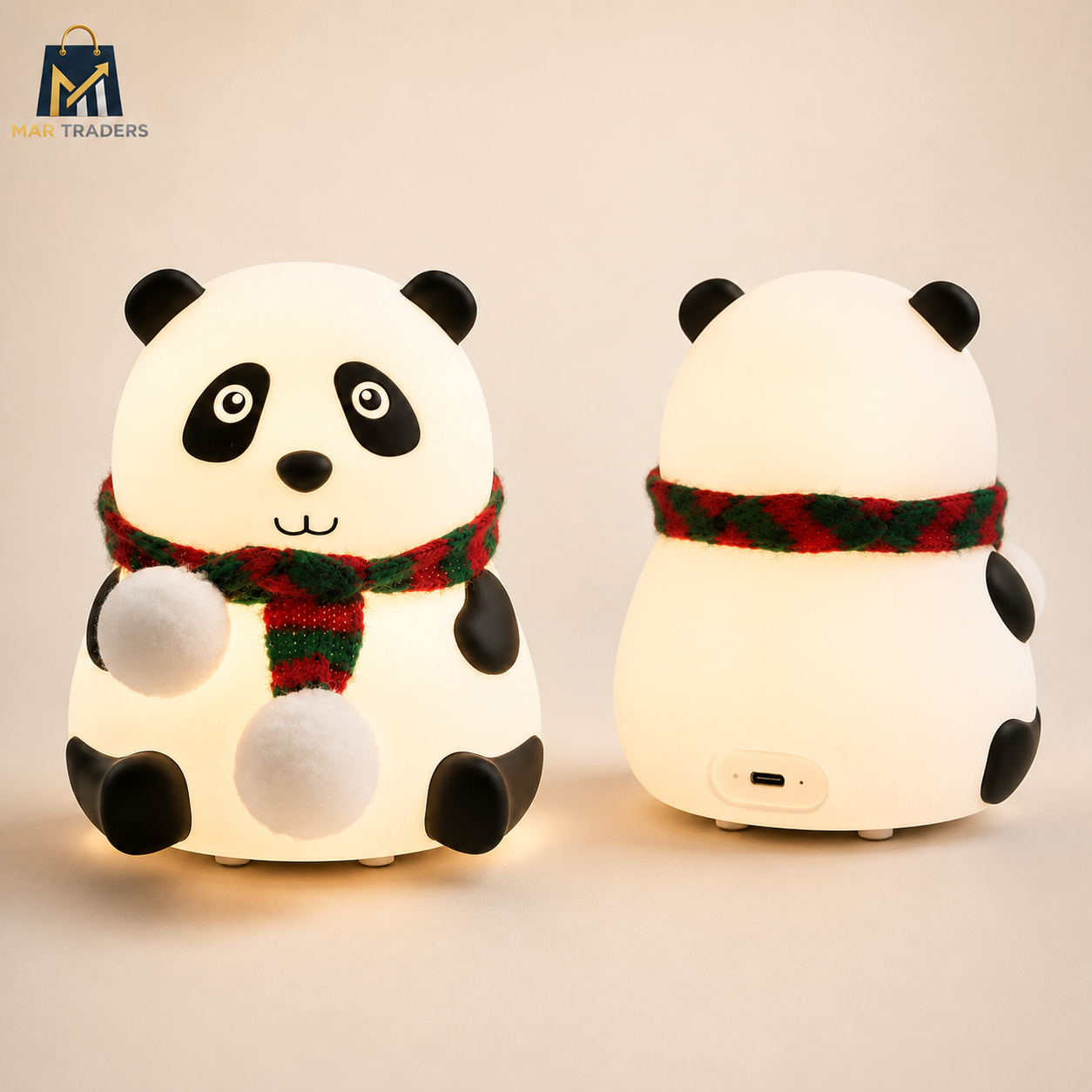 Front and rear views of panda night light with USB-C charging port