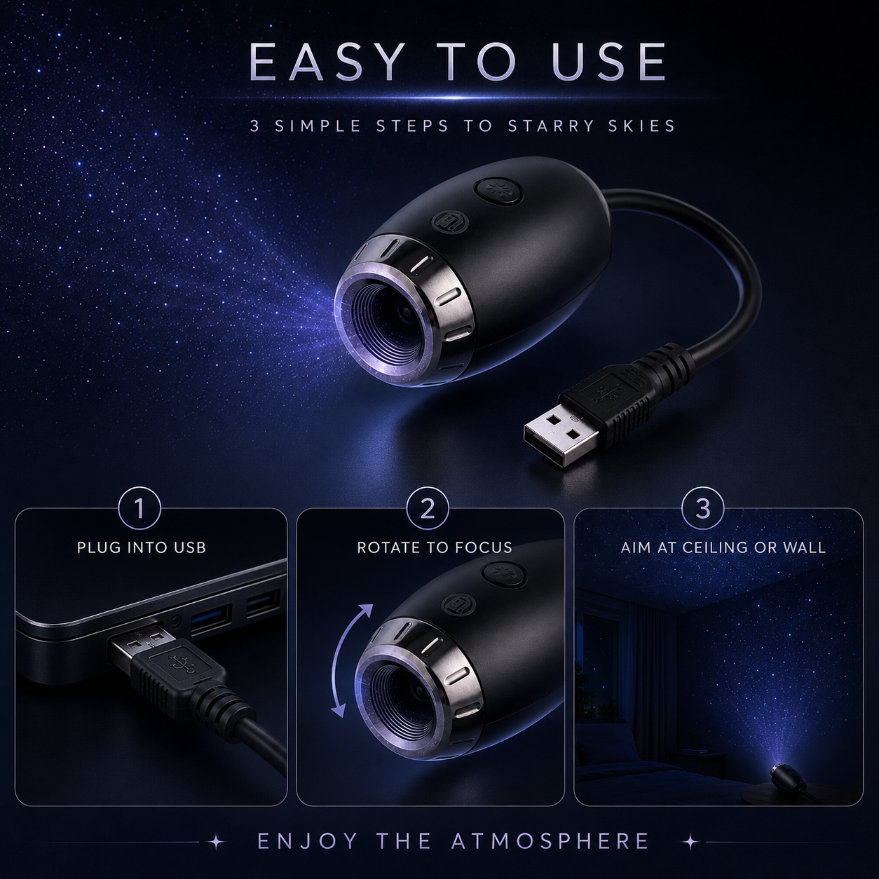 A black USB projector lamp with a black cable and silver trim, shown on a dark starry background with text reading 'EASY TO USE' and three step panels for plug-in, focus, and projecting light onto a wall or ceiling.