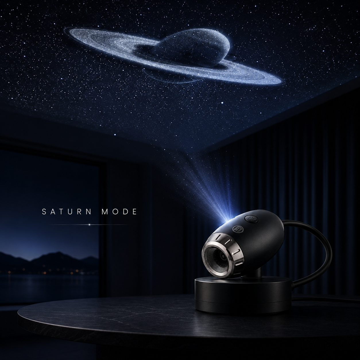 A black projector on a stand projects a starry sky scene with a ringed planet onto the ceiling in a dark room. The projector is labeled 'SATURN MODE' and shown projecting light onto the ceiling.