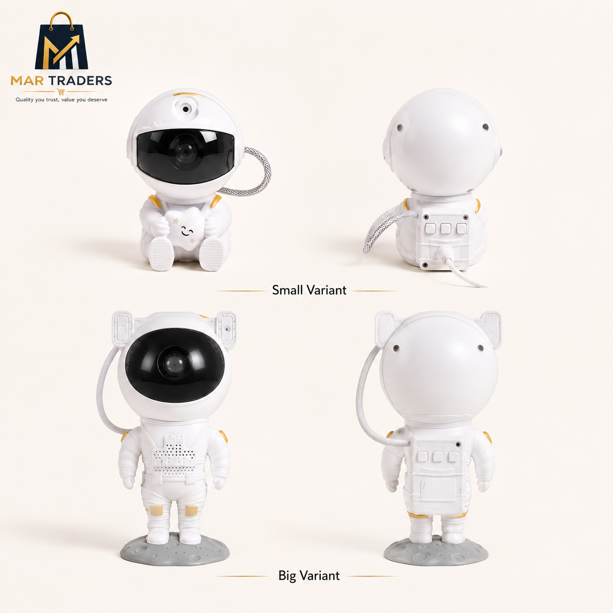Front and back views of big and small astronaut projectors