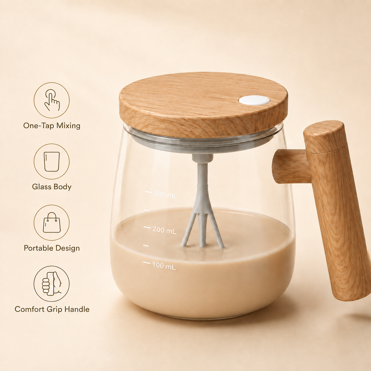 Automatic self-stirring glass mug with one-touch mixing and comfort-grip handle