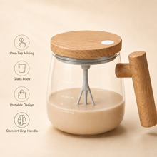 Automatic self-stirring glass mug with one-touch mixing and comfort-grip handle