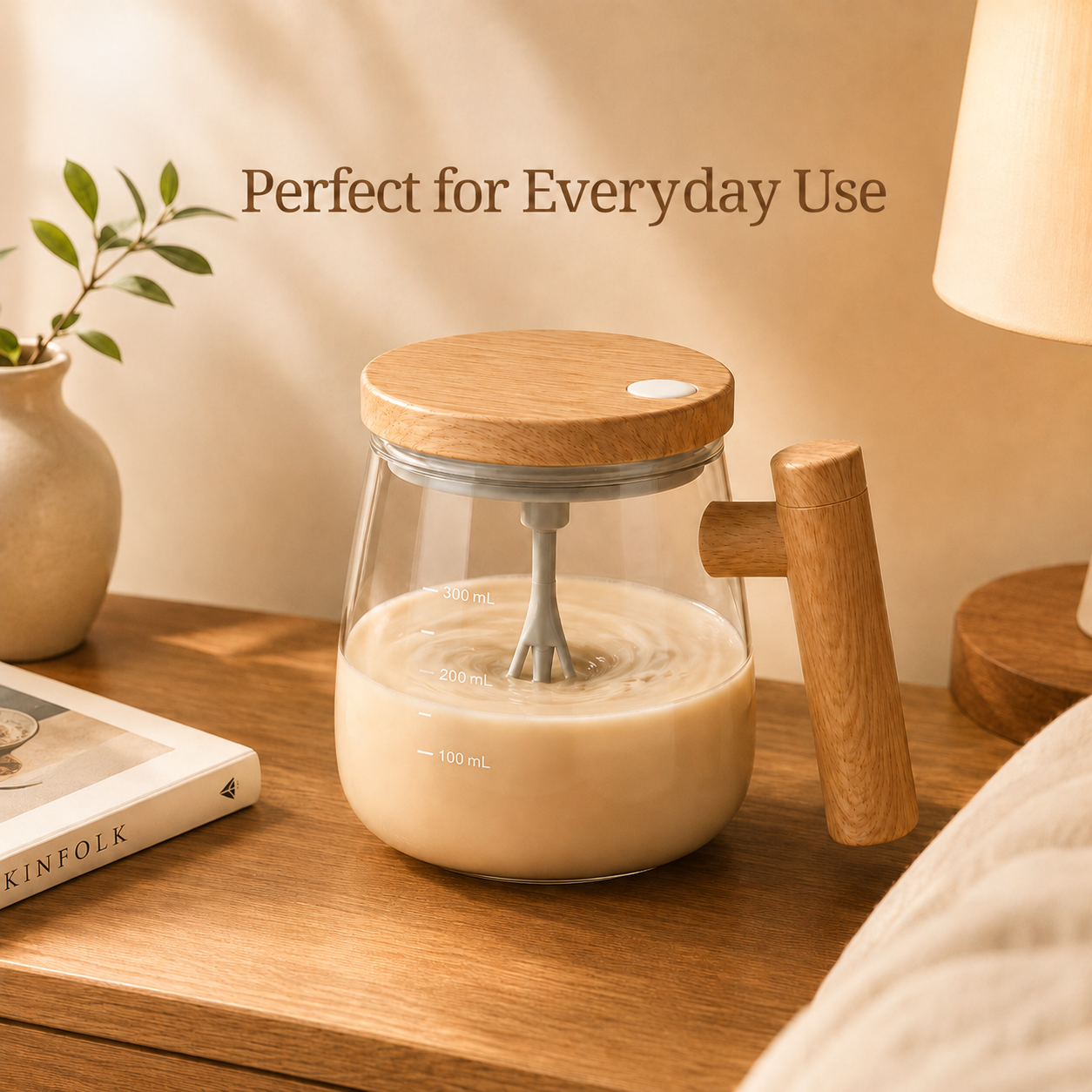 Self-stirring coffee mug automatically mixing a drink on a bedside table
