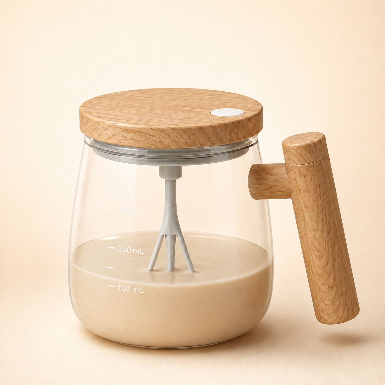 Self-stirring glass coffee mug with wood-look lid and handle