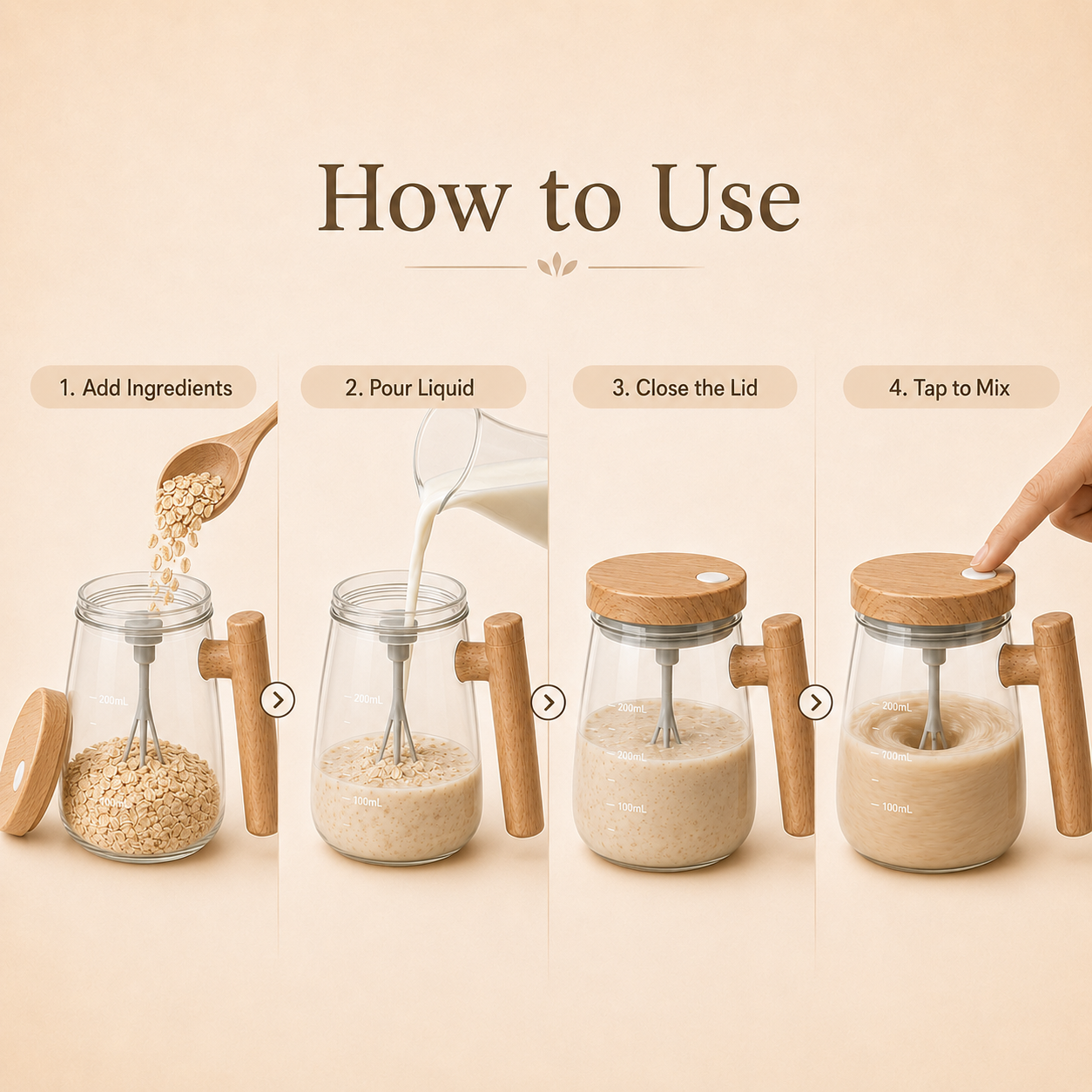 How to use a self-stirring mug by adding ingredients liquid and tapping to mix